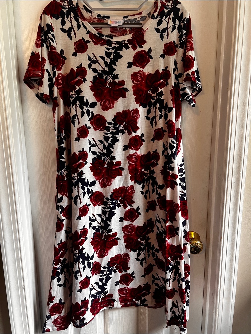 LuLaRoe White Midi Jessie Dress with Red Rose and Navy Leaf Print